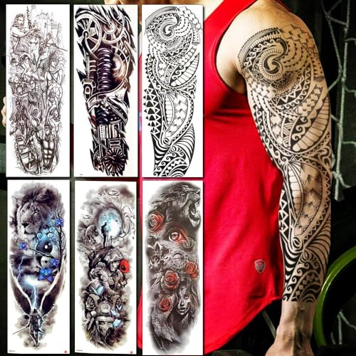 PEKNUX 6 Bilder Voller Arm Männer Frauen Temporäre Tattoos Aufkleber Lange Maori Totem Fake Tattoos Body Art Wasserdichte Tattoos Aufkleber Make-Up
