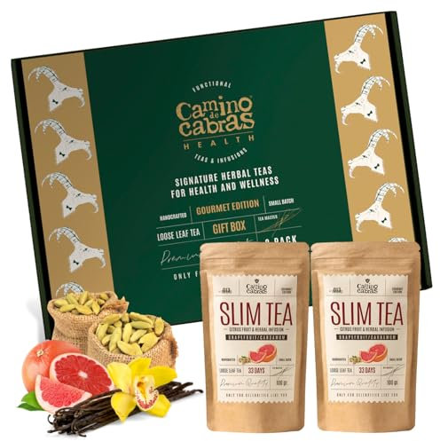 Caja Regalo SLIM TEA POMELO - Quemagrasas Potente para Adelgazar - Detox - Té Verde, Matcha, Jengibre, Mate, Ortiga, Cola de Caballo, Diente de Leon, Cardamomo - Antioxidante Natural, 2 PACK x 100g