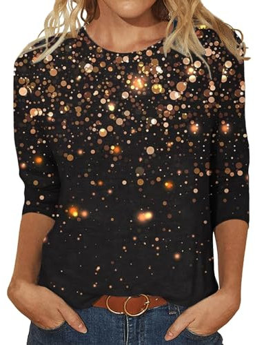 Maglia da donna nera con paillettes, a tre maniche, scollo rotondo, top con glitter, oro rosa, XL