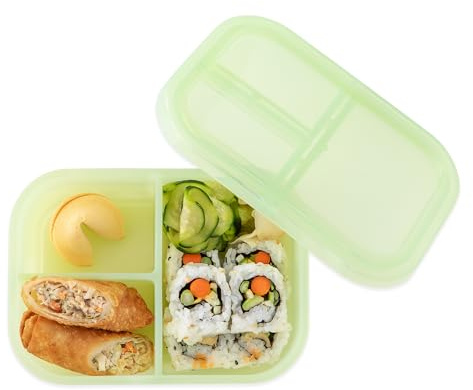Bumkins Snack/Lunch Bento Box for Kids and Adults, 3 Compartment Container, Leak Proof Lid, for Portioning, Large Section Can Hold Sandwich, Food-Safe LFGB Platinum Silicone, Microwave-Safe, Green
