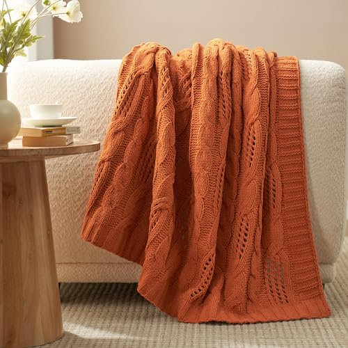 Amélie Home Überwurfdecke für Couch, Chenille, Grobstrick-Überwurfdecke, dekorativ, Bauernhaus, weich und gemütlich, Überwurfdecke für Sofa, Stuhl, Bett, gebranntes Orange, 50 x 60 cm