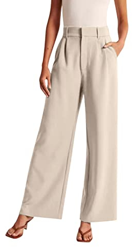 Generisch Frauen Hose mit weitem Bein für die Arbeit Business Entspannt Damen Anzughose mit hoher Taille Lockere Fließende gerade Hose für Bürodamen(Beige, L)