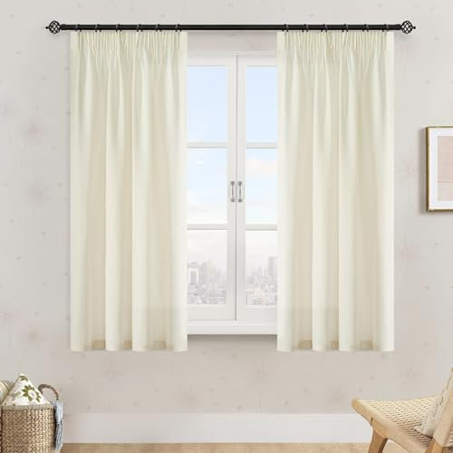 MRTREES Vorhänge Kurz Voile Gardinen Hellbeige Halbtransparent Stores Gardinen Vorhang Kräuselband für Wohnzimmer Schlafzimmer 145 x 132cm (H × B) 2er Set