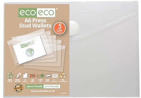 eco-eco eco155 Sichthülle mit Druckknopf, A6, 95% recycelt, Kunststoff, 5 Stück