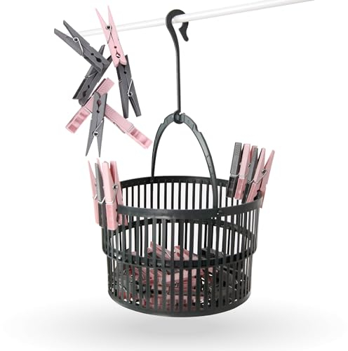 Pro Home Teleskopkorb in Anthrazit ( 7cm x 19cm ) mit 30 Wäscheklammern in Rosa + Anthrazit - für Wäscheleinen, Wäscheständer, Wäschespinnen