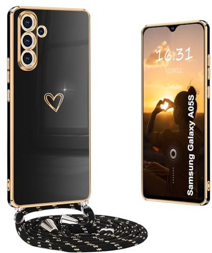 Yutwo Coque pour Samsung Galaxy A05S avec Cordon, Coque pour Samsung A05S avec Collier Housse Silicone avec Motif Coeur d'amour Antichoc Réglable Étui pour Samsung A05S avec Cordon, Noir