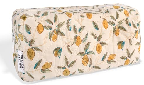 Kosmetiktasche aus Baumwolle Lemon Curd | Quilted Bag | Schminktasche | Zitronen & kariert | handgemachte Make Up Tasche | 25x11x10cm