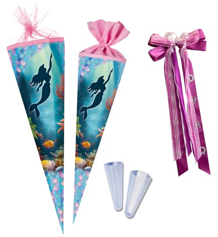 Nestler Schultüte zum Befüllen, Handgemachte Zuckertüte aus Karton - Motiv Meerjungfrau (85 cm 6-eckig)