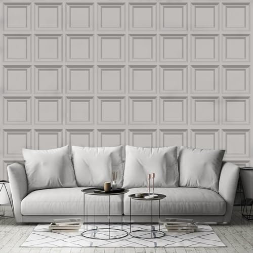 Snewvie 3D Wood Effect Wallpaper Wooden Panel Frame Realistic Textured Retro Embossed Cream Tartan Wallpaper for Living Room Feature Wall Bedroom,3 Roll