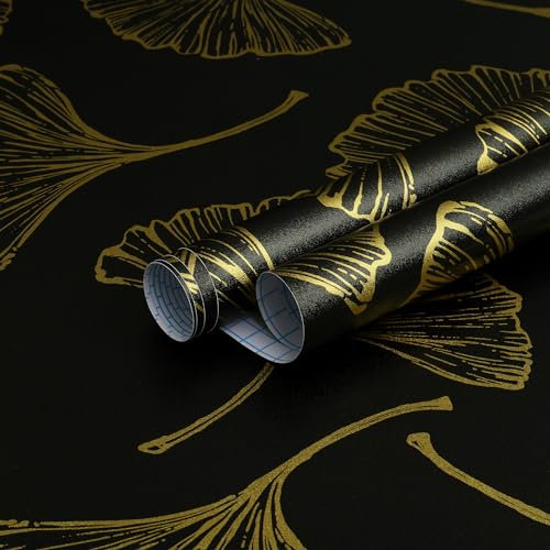 Yomshi Selbstklebende Tapete Schwarz 44CMx10M klebefolie Gold Blätter Tapete Möbel Dekorfolie Abnehmbar Vinyl Möbelfolie für Wohnzimmer Schlafzimmer Wand Schrank
