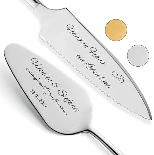 SMARTEON Cake-Server Set Hand in Hand mit Tortenmesser und Personalisierter Gravur – Hochzeitsgeschenke für Brautpaar, Geburtstag, Jubiläum, Geschenkidee für Paare – Silber Set in Geschenkbox