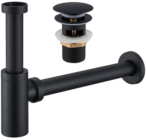 Ulytid Siphon Lavabo de Salle de Bain, Bonde d'évier Escamotable avec Trop-Plein, évier et Lavabo, Unité Réglable en Hauteur en Acier Inoxydable, Design Désodorisant avec Orifice de Nettoyage, Noir