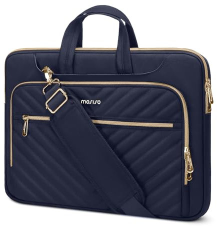 MOSISO Sacoche Ordinateur 13 Pouces Sacoche PC Portable 13-13,3 Pouces Compatible avec MacBook Pro 14,HP,Dell,Asus,Sac de Messager avec Devant Matelassé Poches Rehaussé&Ceinture,Bleu Marin