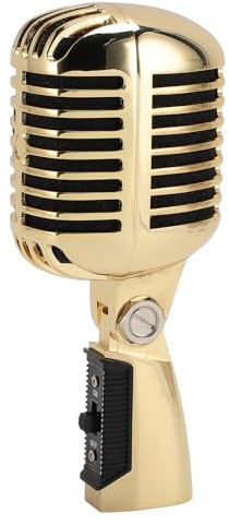 Plyisty Micrófono Vocal Dinámico Retro Clásico, Micrófono Cardioide Unidireccional de Estilo Vintage Antiguo, con Estante Giratorio Tensor, Micrófono Dinámico Retro para KTV (Gold)
