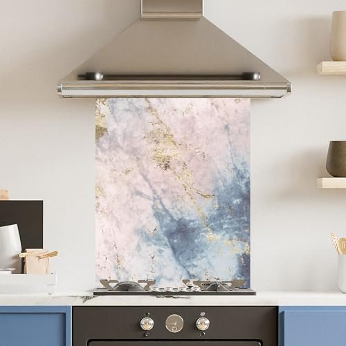 Toughened 6mm Glass Kitchen Splashback 60 x 75cm Pink Blue Marble - Polished Heat Resistant Back Splash for Cookers Hob