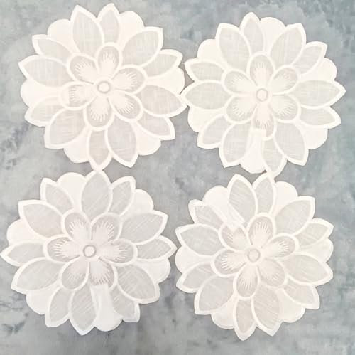 Aude Home Schneeweiß Organza Deckchen 20cm rund, 4er Packung mit feiner Stickerei für Wohnraumdekoration, 100% Polyester, Waschbar, Feinwäsche 30 Grad, Zeitgenössisch, Alltag