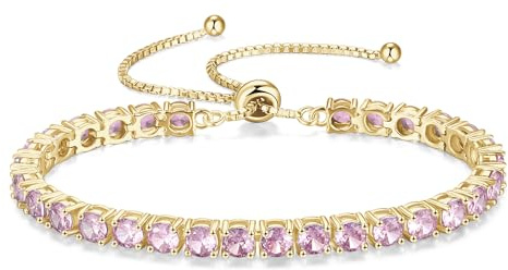 FANCIME 14ct Gold Plated Classic Birthstone Tennis Bracelet for Women | Bolo Adjustable Bracelet, Sterling Silver, Created Gemstone, Anniversary Christmas Birthday Jewellery Gift for Her Wife Mum
