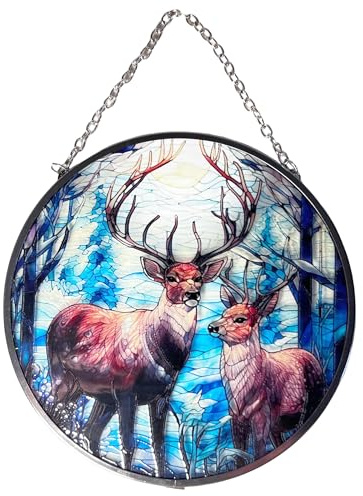 6-Inch Stained Glass Suncatcher with Reindeer Design – Handcrafted Holiday Decor