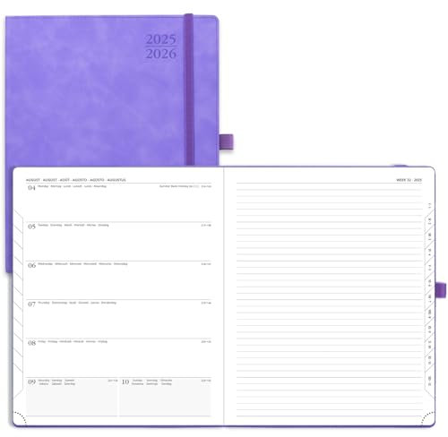 POPRUN Kalender 2025 2026 Buchkalender Notizbuch (Aug.2025-Dez.2026), ca. A4 (26,5 x 21,5 cm), Terminplaner, Wochenplaner Softcover mit PU-Leder, Zertifiziertem Papier - Flieder
