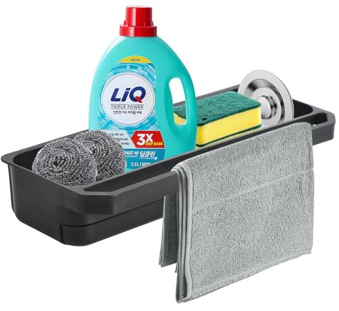 TOKPLNU Organiseur d'évier de cuisine, panier d'évier mural noir avec plateau auto-drainant, ruban adhésif, porte-éponge pour rangement de cuisine, organisateur de vaisselle pour comptoir