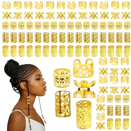 AWOGIPD 100 Stück Gold-Haarschmuck für Zöpfe, Haarschmuck Gold, Loc Schmuck für Haar, Haarperlen, Manschetten-Clips für Dreadlock-Zubehör, Dreadlocks Schmuck Haarspiralen Clips