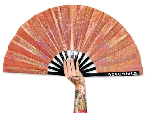 WONKIWEAR Fan, Folding Hand held, Luxury Holographic, Iridescent, Glitter, Large Strong Black Bamboo, Unisex for Raves, Festivals, Concerts, Drag Queen, Clack Fan, Gay Pride (Orange)