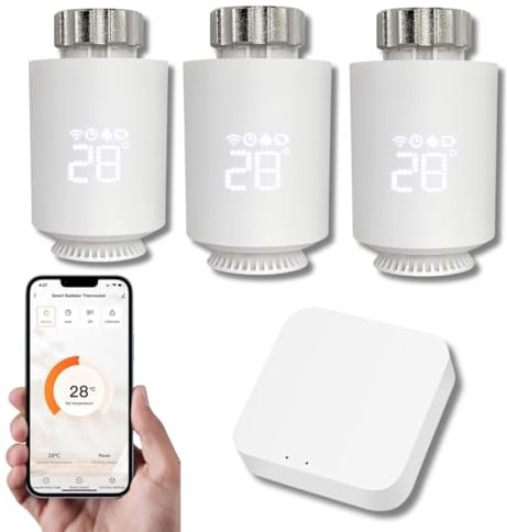 Tête Thermostatique Intelligente Connectée REKA - Contrôle Température Via Appli Tuya, Programmation, Détection Fenêtres Ouvertes - Compatible Assistants Vocaux (3, avec Passerelle)