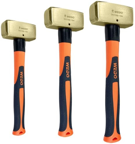 WEDO 3PCS 1000g+1500g+1800g Brass Hammer Set,Crack Hammer Set with Shock-Resistant Fiberglass Handle,One-time Die-Forged,Corrosion Resistant,DIN Standard