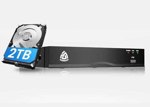 AKINGUAR 4K PoE NVR CCTV Recorder 8 K H.265+ Netzwerk Video Recorder mit 2TB Festplatte Smart AI Menschen-/Fahrzeugerkennung, unterstützt 4K/5MP/4MP/3MP/2MP HD PoE Kameras 24/7 Aufnahme