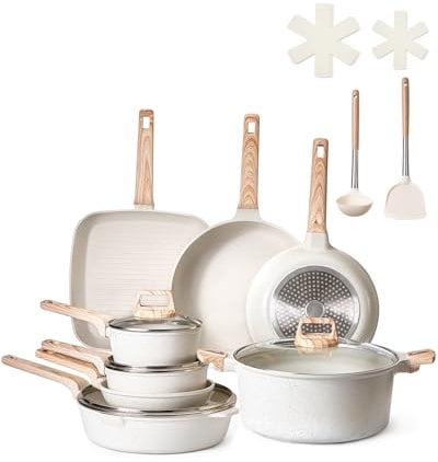 VEVOR Set di Pentole, Padelle Antiaderenti in Granito con Manico, Set di Pentole a Induzione da Cucina per Camper, con Frittura, Coperchi in Vetro Temperato, Bianco 19 Pezzi
