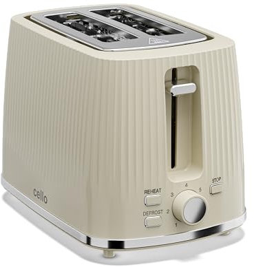Cello 850W Cream 2 Slice Toaster with Wide Slots & 7 Browning Levels, High Lift, Crumb Tray, Cord Storage, Bread Toaster with Illuminated Cancel-Reheat-Defrost Controls, Bl
