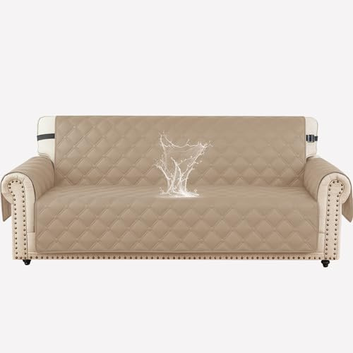 Ystyle Wasserdicht Sofa Überzug 3 Sitzer, Gesteppte Sofabezug Mit Seitentaschen, Wohnzimmer Antirutsch Waschbar Sofaschoner, Couch Überzug Kratzfest Für Haustiere Hunde Katzen, Khaki