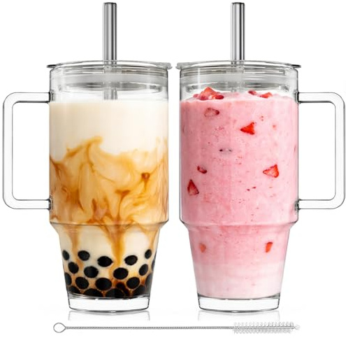 KEMORELA 2er-Set 710ml Glasbecher mit dichtem Deckel & Strohhalm - spülmaschinengeeignet, auslaufsicher, perfekt für Smoothies, Cocktails, Eiskaffee und Limonaden, ideal für Büro und Zuhause.