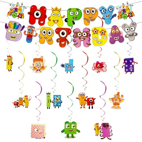 Blocks Birthday Decorations Banner- Number Kids Party Decorations Birthday Banner, Bunting Garland and Hanging Swirls DecorationS ParTy Pack for BirthDay ParTY Supplies DecoratioNS