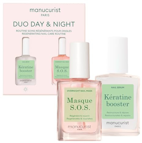 Manucurist Duo Jour & Nuit – Routine pour Ongles Mous ou Abîmés – Kit Ongles : 1 Sérum Fortifiant Kératine Végétale, 1 Masque de Nuit pour Ongles – Soin Express des Ongles – Réparation Intense – Vegan