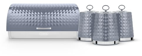 Tower Solitaire Bread Bin and Set of 3 Canisters, Stainless Steel, Grey