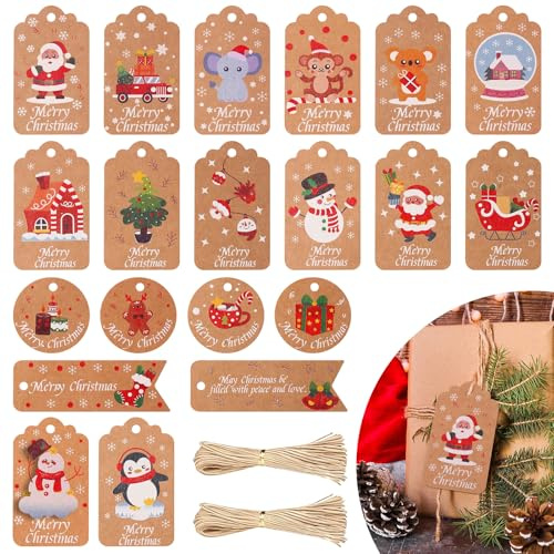 100 Stück Geschenkanhänger Weihnachten,Frohe Weihnachten Etiketten Kraftpapier Weihnachtsanhänger mit Jute Schnur für Geschenkverpackung Weihnachtsbaum Dekoration