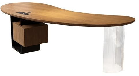 ZENGXJYCQINGJIANG Gaming Desk Modern Cashew Shaped Executive Office Desk with Charging Outlets, Storage Cabinet and Acrylic Table Legs(XL)