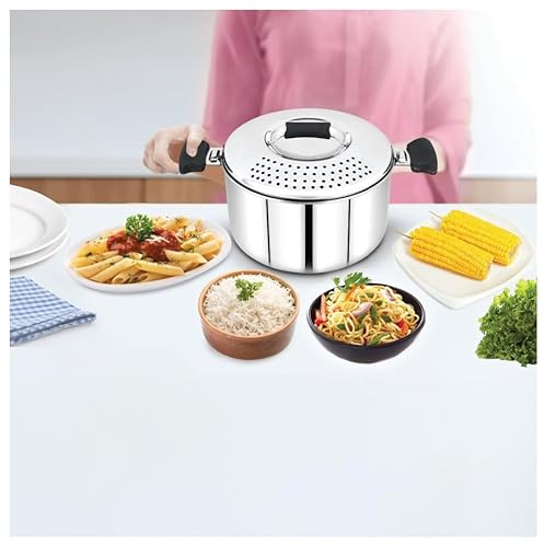 Eternals Stainless Steel Rice/Pasta Drainer Pot with Lid, 20.5cm, 3.7L, Induction Compatible
