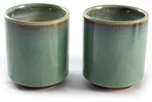 Pair of Japanese Stoneware Tea Cups - Earthy Green & Brown Glazed Ceramic