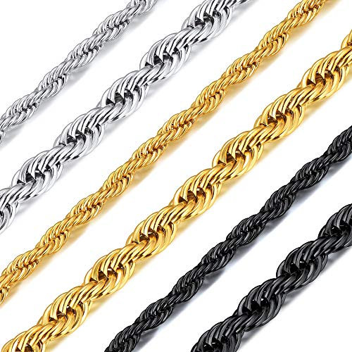 Richsteel Twist Chain Necklace For Men, 6MM Wide, 28Inch(71CM) Length, Gift For Girls, 18K Gold Plated Stainless Steel Rapper Chain Men Jewelry Twister Rope Necklace (Gift Packaging), RN20114K-6-28