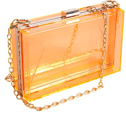 WJCD Transparente Damen-Handtasche, Acryl, klein, transparent, Crossbody-Tasche, Abendtasche, Stadion-zugelassen, goldfarbener Kettenriemen, Orange/Abendrot im Zickzackmuster (Sunset Chevron), Small