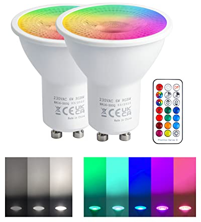 REYLAX Bombillas LED Colores GU10 de 5W, RGB Blanco Frío Regulable Bombilla con Mando a Distancia, Focos LED RGBW 12 Colore, AC 85-265V, Función de Memoria y Sincronización (paquete de 2)