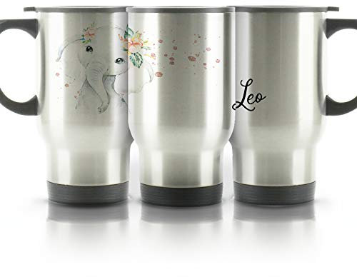 Hairyworm Personalised Travel Mug, 400ml Silver Stainless Steel Travel Mug with Handle, Customised with Initial/Name, Elephant Rain Drop Glitter Print Design Print