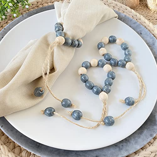 LEBEJUA Napkin Rings Set of 6 - Wood Bead Napkin Rings - Natural Rustic Wooden Napkin Holders for Tables - Handmade Wooden Beads Napkin Ring with Jute Twine - Natural Wood Rings Bulk