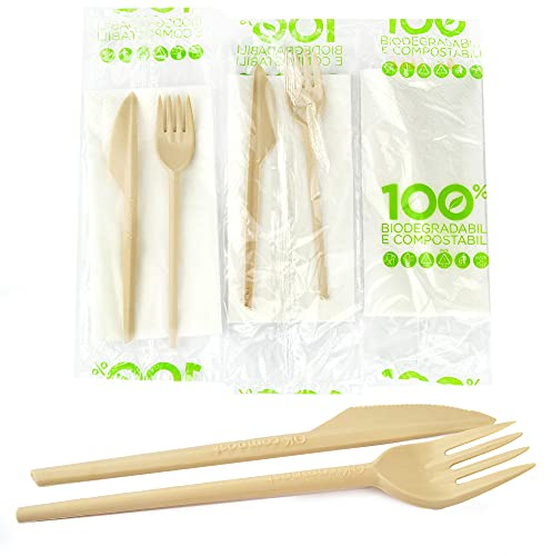 DUE ESSE S.N.C. DI SABATINI ALDO & C. PZ 50 bis Posate 100% BIODEGRADABILI E COMPOSTABILI (FORCHETTA + Coltello) Colore Avana IMBUSTATI con TOVAGLIOLO Ideale per ASPORTO