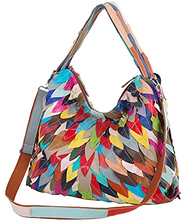 Segater Hobo-Tasche aus Schaffell Shopper Tote für Damen Mehrfarbige Umhängetasche Zufällige Patchwork-Handtasche Geldbeutel Blatt Schulranzen