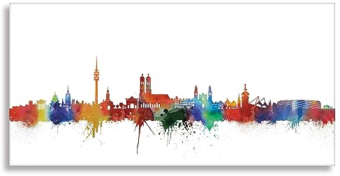 Kunstbruder Wandbild München Skyline Stadt WEISS by DiChyk (div. Größen) - Kunst Druck auf Leinwand - Bild fertig auf Keilrahmen ! Graffiti Banksy Bilder (90x180 cm)