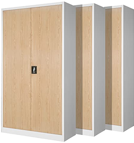 Jan Nowak 3er Set Aktenschrank C001H Büroschrank Metallschrank Stahlschrank Werkzeugschrank Stahlblech Pulverbeschichtet Flügeltürschrank Abschließbar 195 cm x 90 cm x 40 cm (weiß/holzoptik)