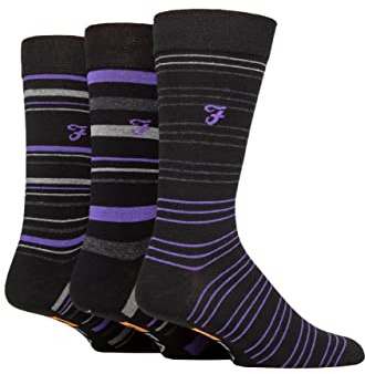 Farah Mens Argyle and Striped Cotton Socks 3 Pack Blk/Purple Stripe 6-11